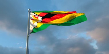 Zimbabwe 'nin ulusal bayrağının gün batımında güzel bulutların arka planına yansıtılması.