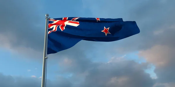 Renderização Bandeira Nacional Zelândia Noite Pôr Sol Contra Fundo Nuvens — Fotografia de Stock