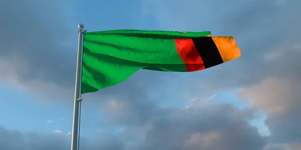 Renderowanie Flagi Narodowej Zambii Wieczorem Zachodzie Słońca Tle Pięknych Chmur — Zdjęcie stockowe