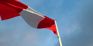 Peru 'nun ulusal bayrağının gün batımında güzel bulutların arka planına 3D yansıtılması