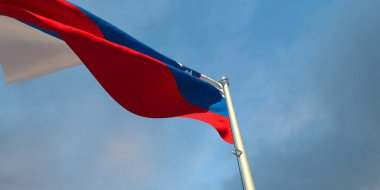 Slovenya 'nın ulusal bayrağının gün batımında güzel bulutların oluşturduğu arka planda 3D görüntülenmesi
