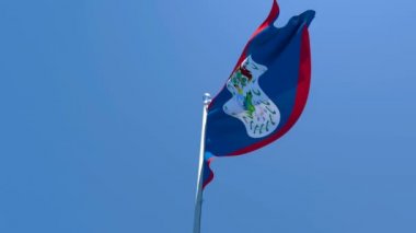 Belize bayrağı mavi gökyüzüne karşı rüzgarda dalgalanıyor.