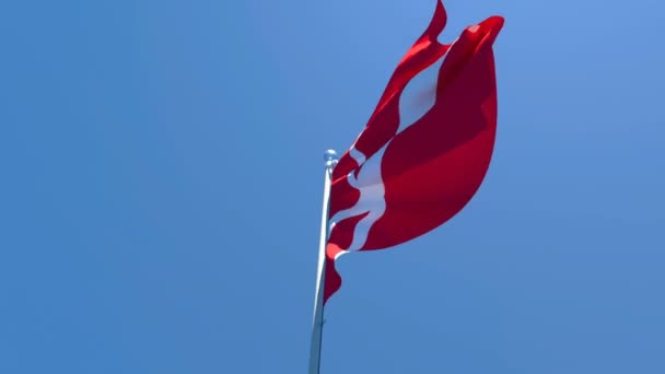 Dánská národní vlajka vlaje ve větru proti modré obloze — Stock video