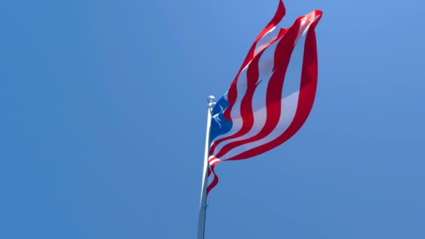 Le drapeau national du Libéria flotte dans le vent contre un ciel bleu — Video