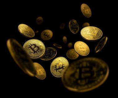 Bitcoin altın sikkesi siyah arka planda uçar
