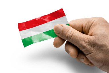 Macaristan ulusal bayrağı taşıyan bir kart tutuyor.
