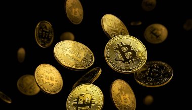 Bitcoin altın sikkesi siyah arka planda uçar