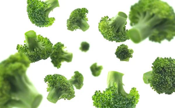 Green broccoli levitating on a white background — Stock Photo, Image