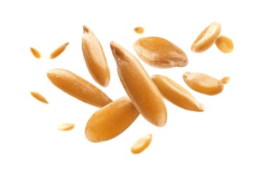 Keten tohumları beyaz bir arkaplanda havalanır..