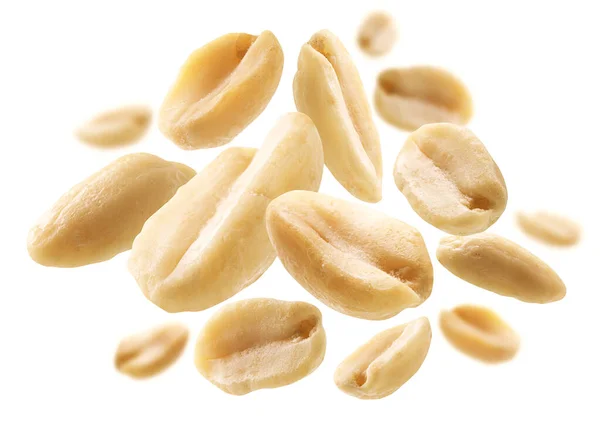 Geschälte Erdnüsse schweben auf weißem Hintergrund — Stockfoto