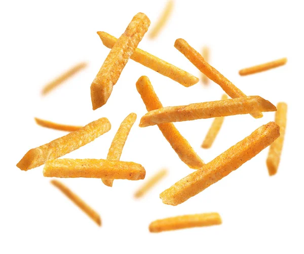 Pommes frites schweben auf weißem Hintergrund — Stockfoto