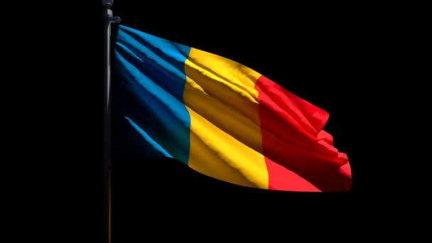 Nationell flagga Tchad flyger i vinden mot en svart bakgrund — Stockvideo