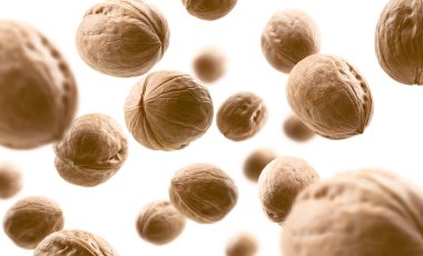 Tüm cevizler beyaz bir arka planda uçar.