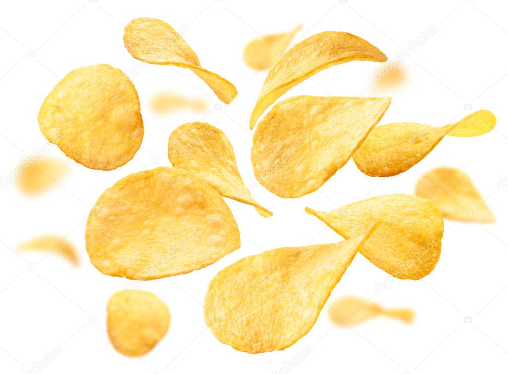 Potato chips levitate on a white background