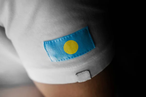 Patch da bandeira nacional do Palau em uma camiseta branca — Fotografia de Stock