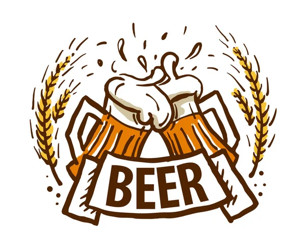 Logotipo do vetor duas canecas com cerveja, espuma e spray — Vetor de Stock