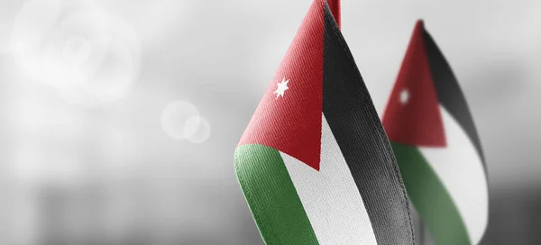 Małe flagi narodowe Jordanii na jasnym, rozmytym tle — Zdjęcie stockowe