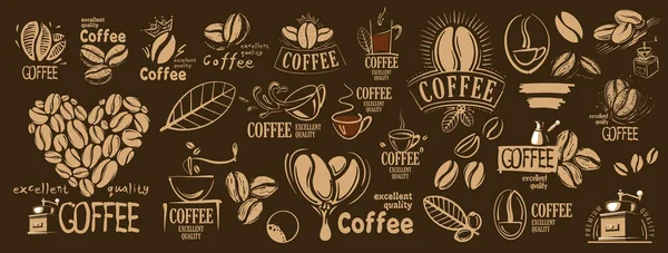 Large vector set of drawn logos and coffee elements — Stock Vector