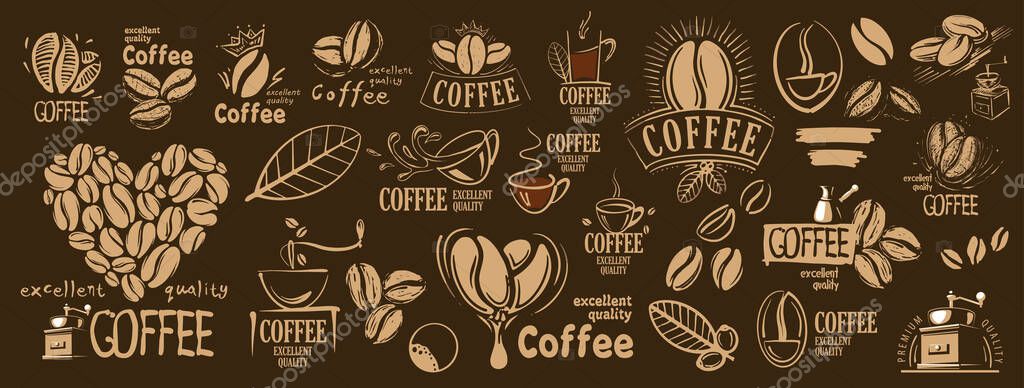 Large vector set of drawn logos and coffee elements.