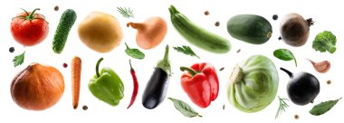 Beyaz arka planda geniş bir izole sebze seti.