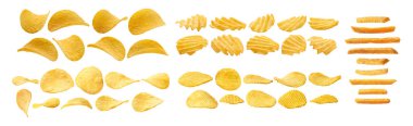 Bir patates cipsi seti. Beyaz bir arkaplanda izole edilmiş