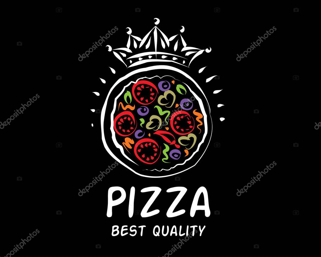 Hand drawn vector pizza logo on black background.