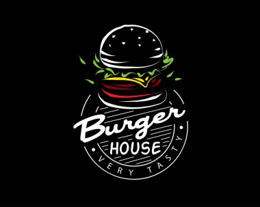 Siyah arkaplanda elle çizilmiş vektör burger logosu
