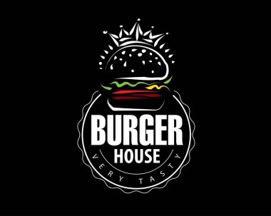 Siyah arkaplanda elle çizilmiş vektör burger logosu