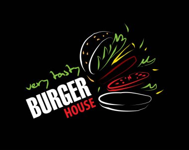 Siyah arkaplanda elle çizilmiş vektör burger logosu
