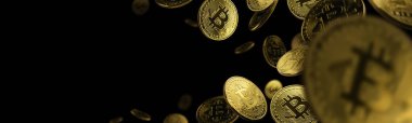 Bitcoin altın sikkesi siyah arka planda uçar