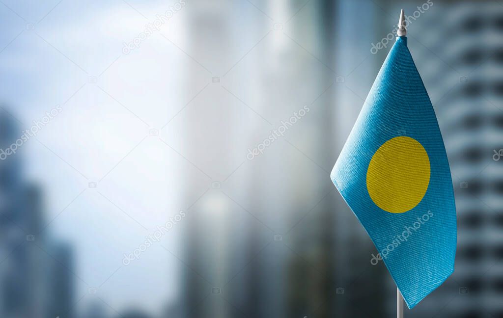 A small flag of Palau on the background of a blurred background