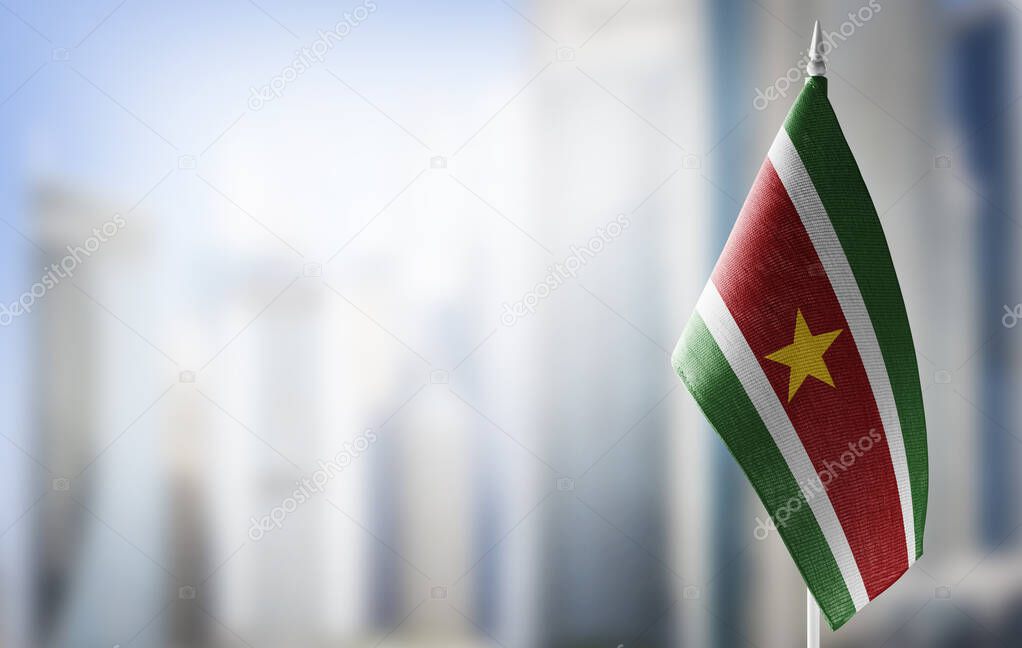 A small flag of Suriname on the background of a blurred background