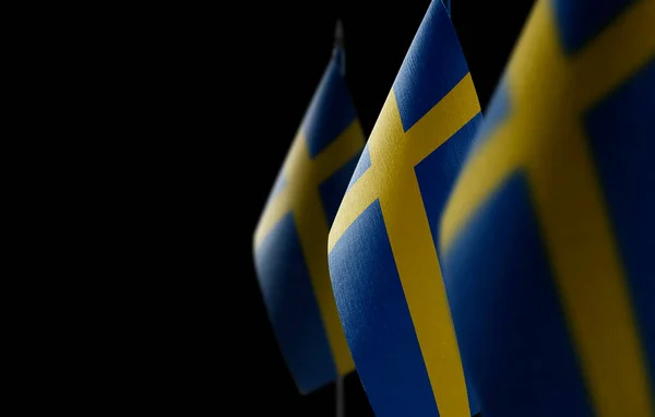 Pequenas bandeiras nacionais da Suécia sobre um fundo preto — Fotografia de Stock