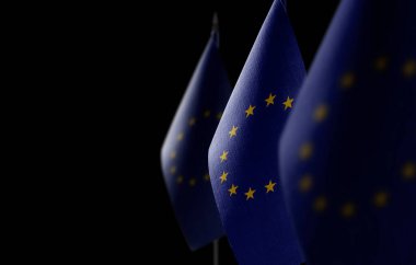 Koyu arkaplanda Avrupa Birliği 'nin küçük ulusal bayrakları