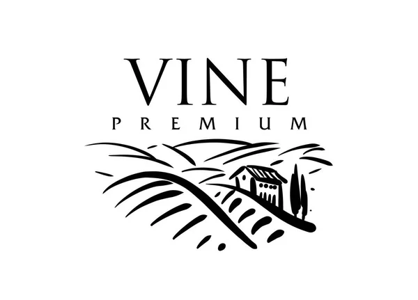 Logo vectoriel dessiné à la main. Paysage des vignobles pour la fabrication du vin — Image vectorielle