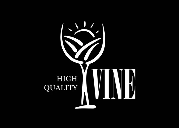 Logo vectoriel dessiné à la main. Paysage de vignobles à travers un verre de vin — Image vectorielle