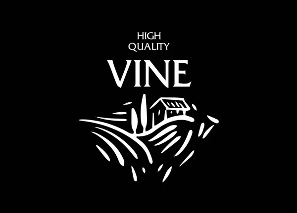 Logotipo del vector dibujado a mano. Paisaje de viñedos para la elaboración de vino — Vector de stock