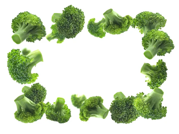 Green broccoli levitating on a white background — Stock Photo, Image