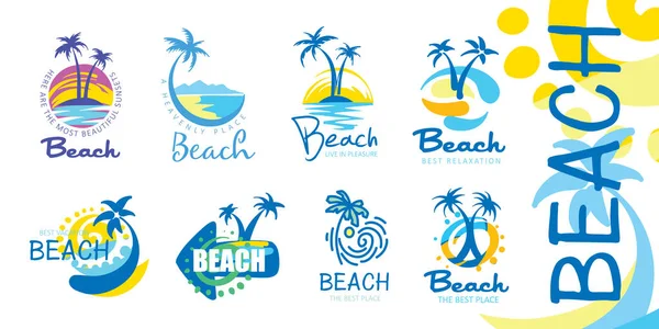 Een set vectoriconen voor het strand met het beeld van een palmboom en de zee — Stockvector