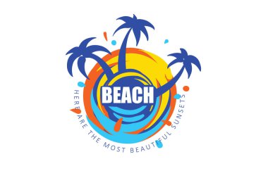 Plaj için bir vektör simgesi. Palmiye ağacı ve deniz resmi.