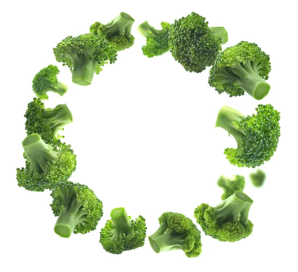 Green broccoli levitating on a white background — Stock Photo, Image