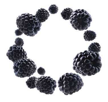 Olgun böğürtlenler beyaz arka planda uçar