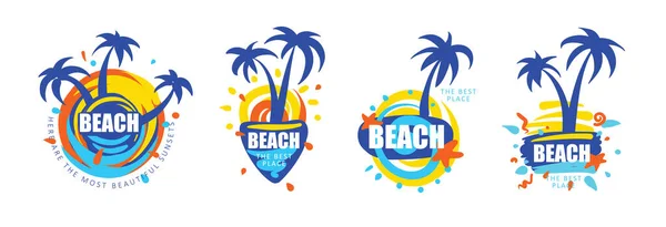 Um conjunto de ícones vetoriais para a praia com a imagem de uma palmeira e do mar — Vetor de Stock