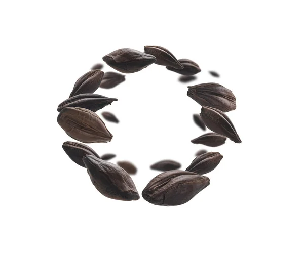 Roasted rye malt grains levitate on a white background — Stock Photo, Image