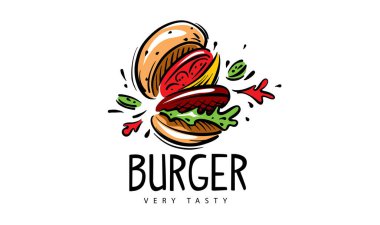 Beyaz arkaplanda el çizimi vektör burger logosu