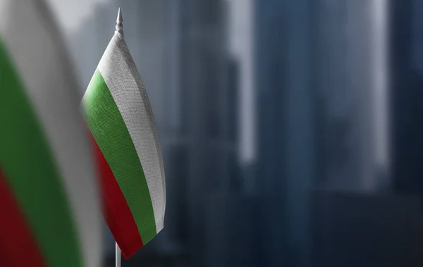 Bulanık bir arkaplanda Bulgaristan 'ın küçük bir bayrağı — Stok fotoğraf