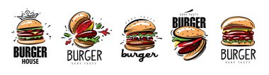 Beyaz arkaplanda el çizimi vektör burger logoları