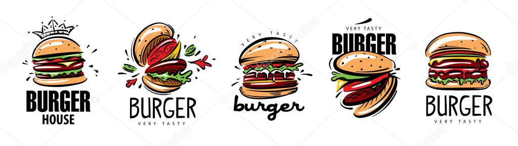 Hand drawn set of vector burger logos on white background