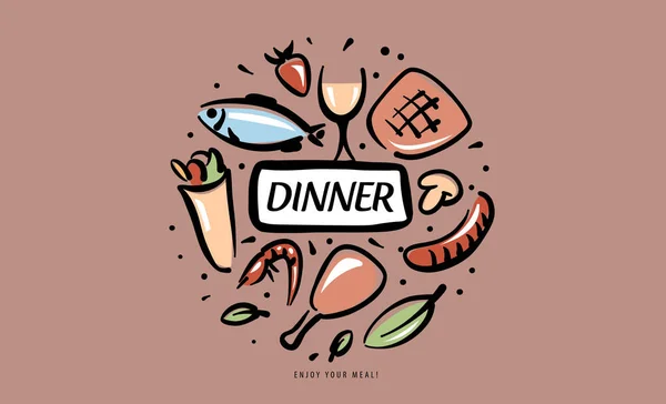 Ένα ζωγραφισμένο σύνολο προϊόντων δείπνου με τη μορφή εμβλήματος — Διανυσματικό Αρχείο
