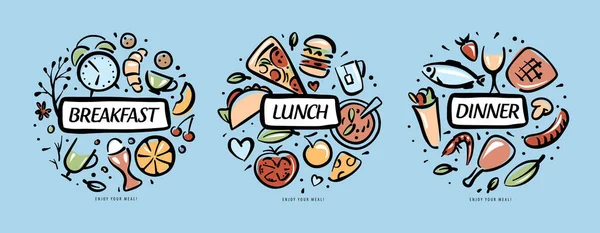 Drawn sets of products for breakfast, lunch and dinner — Stock Vector